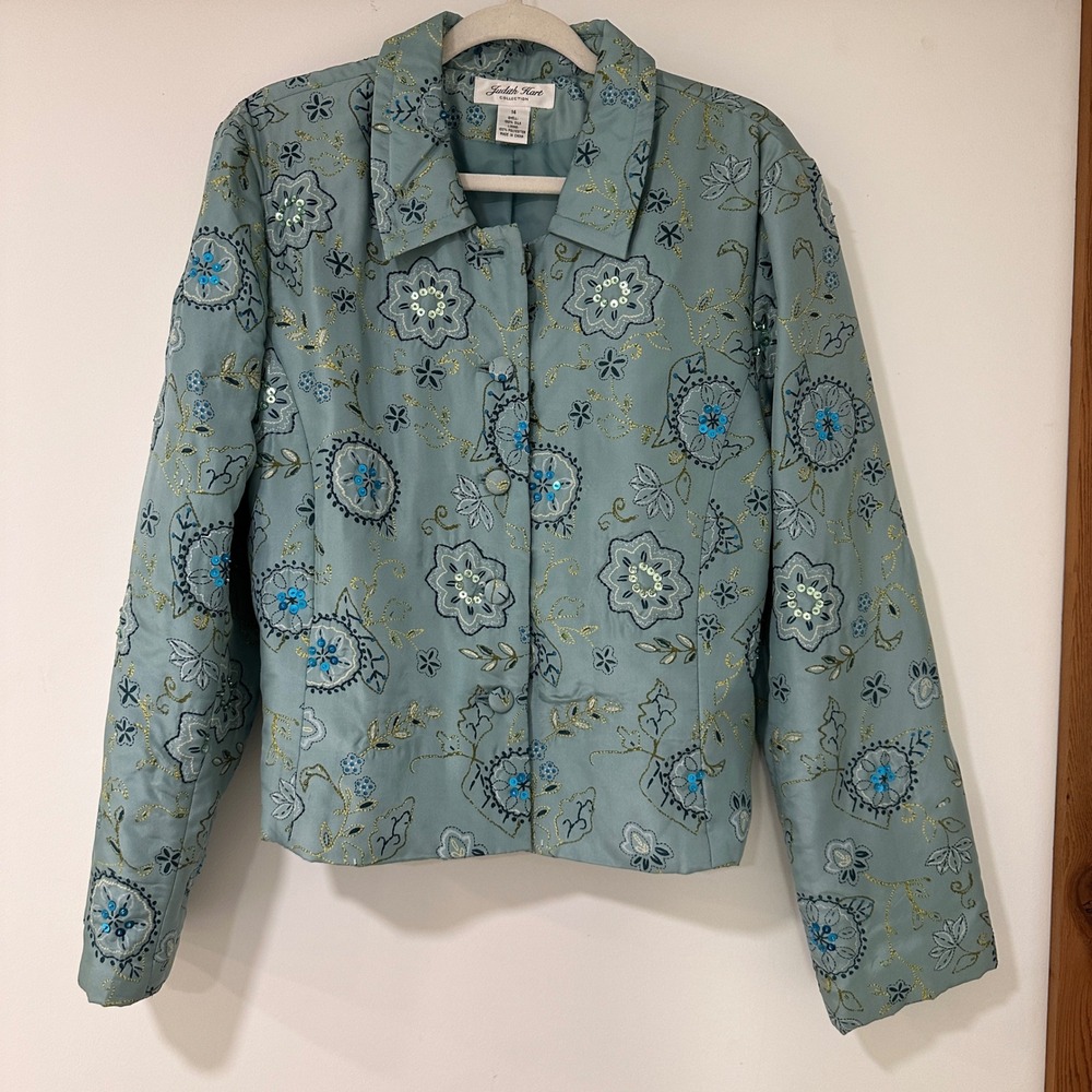 Judith Hart Collection Silk Embroidered Jacket Women 14 Blue Sequin | Grannycore